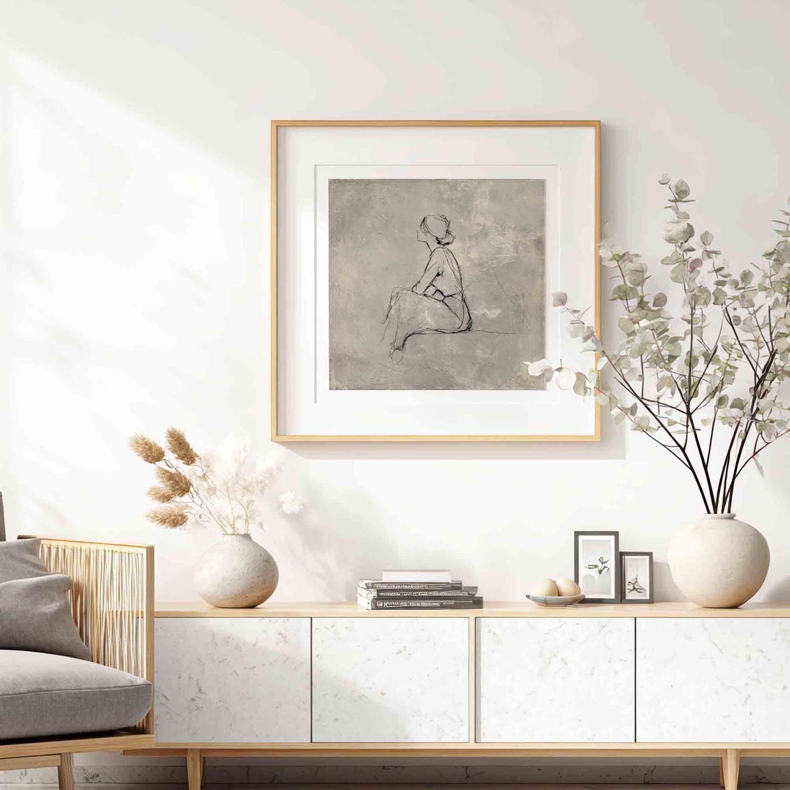Minimalist Seated Woman Profile Line Sketch Neutral Grey Poster