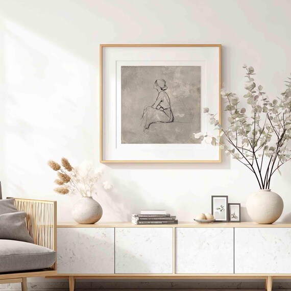 Minimalist Seated Woman Profile Line Sketch Neutral Grey Poster