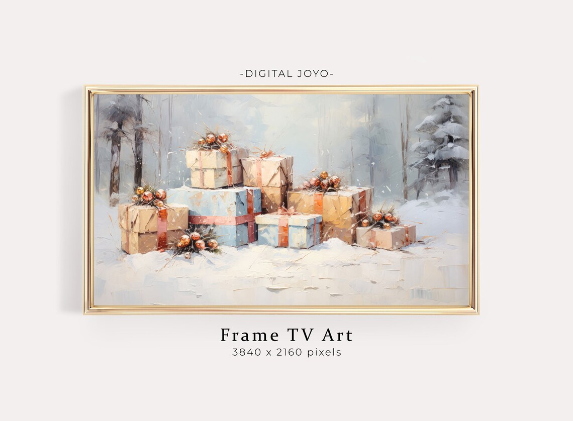 Wrapped Christmas Gifts in a Snowy Forest Farmhouse TV Art Poster