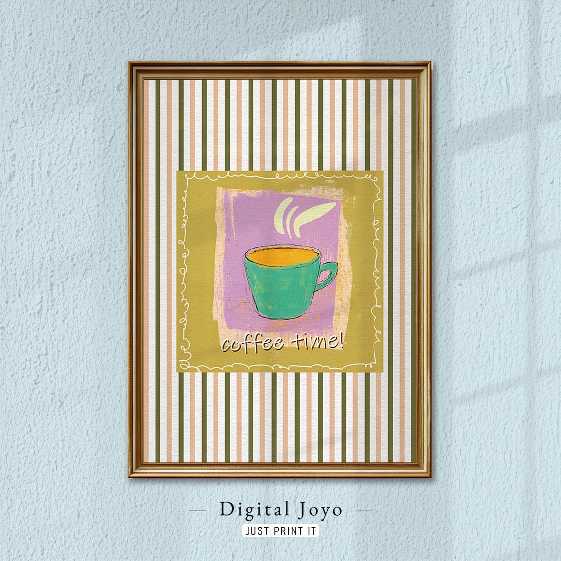 Coffee Time Teal Mug Striped Retro Folk Kitchen Decor Poster