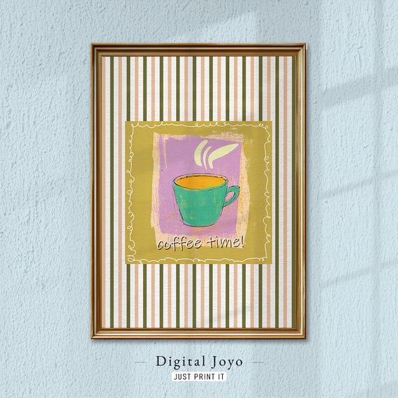 Coffee Mug Art Print Teal On Beigegreen Stripes