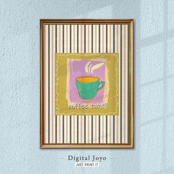 Coffee Time Teal Mug Striped Retro Folk Kitchen Decor Poster