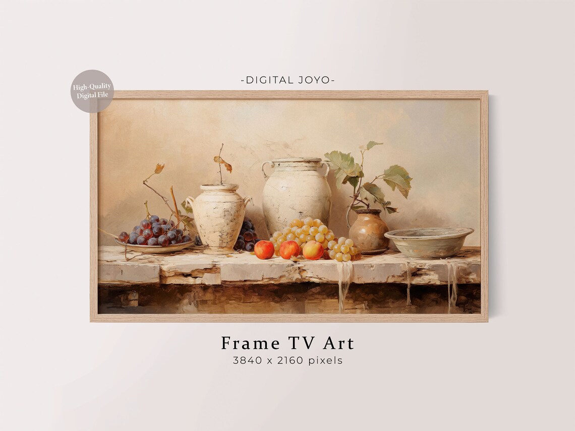 Fall Harvest Still Life Painting Grapes Peaches Pottery Frame TV Art Poster