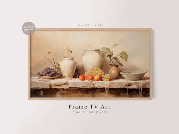 Fall Harvest Still Life Painting Grapes Peaches Pottery Frame TV Art Poster