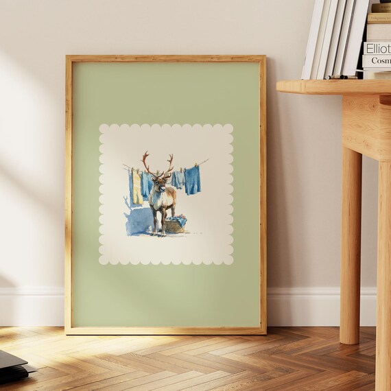 Mint Green Reindeer Laundry Day Whimsical Christmas Watercolor Poster
