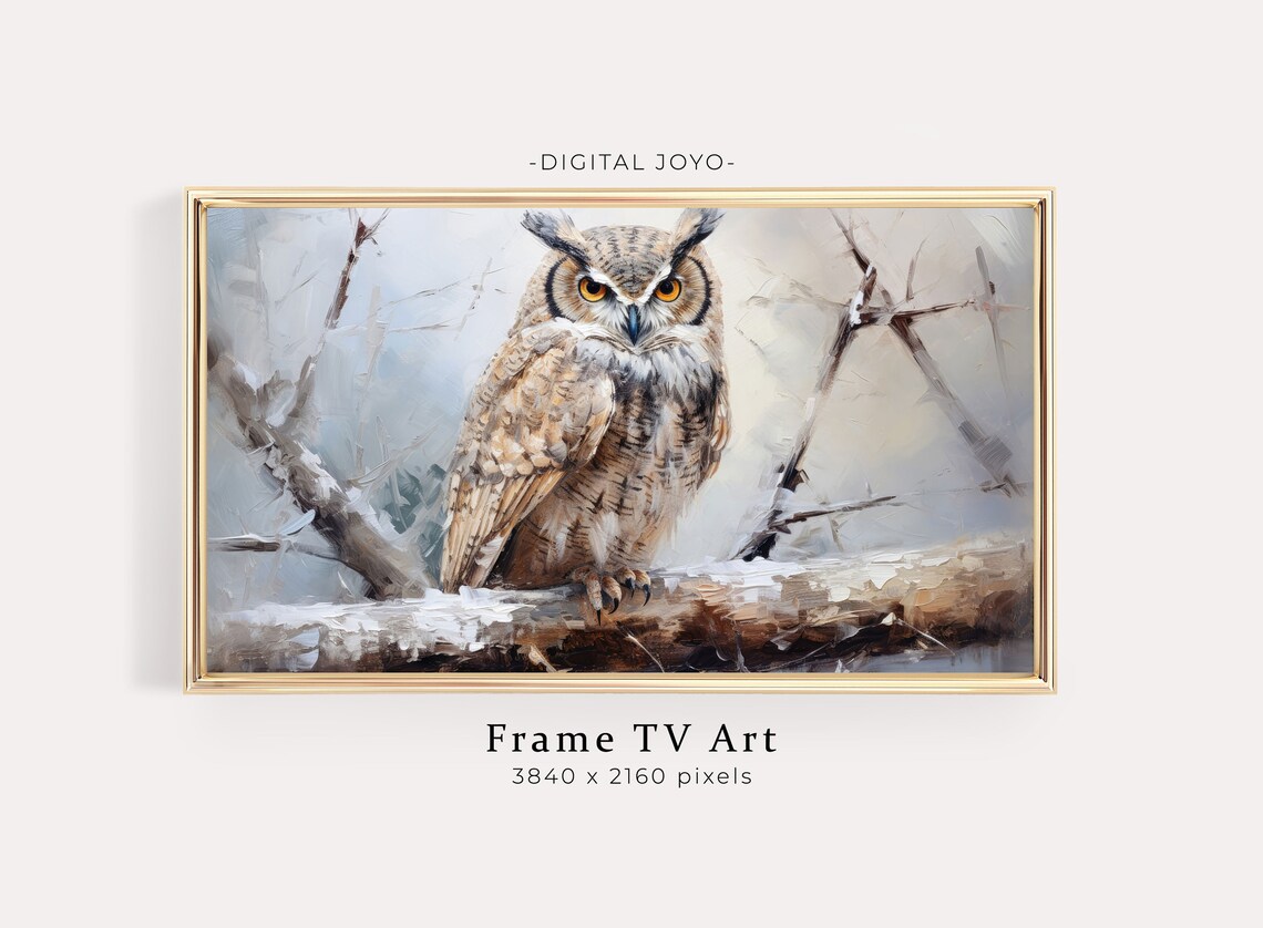 Great Horned Owl Perched In Snow Winter Wildlife Painting Print