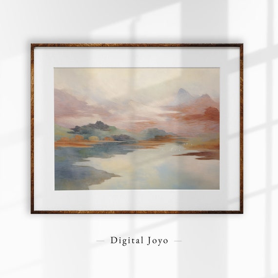 Vintage Lake Scenery Oil Print Farmhouse Mountain Art