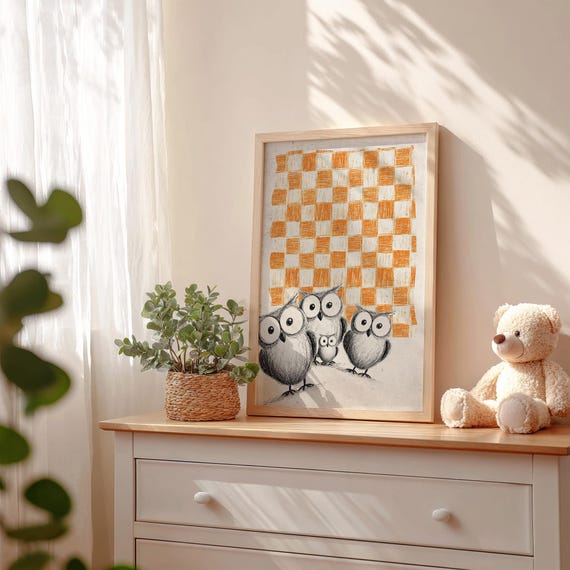 Funny Owl Family Poster Retro Nursery Wall Art