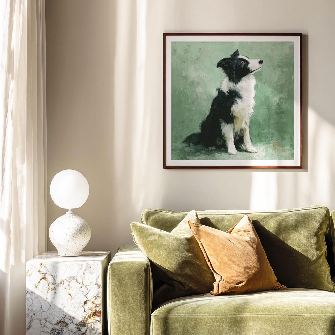 Border Collie Sitting Sage Green Painterly Dog Portrait Modern Poster