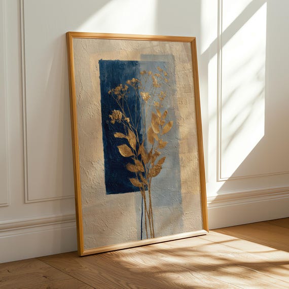 Botanical Wall Art Set Of 3 Gold Navy Prints Modern Nature Gallery Decor