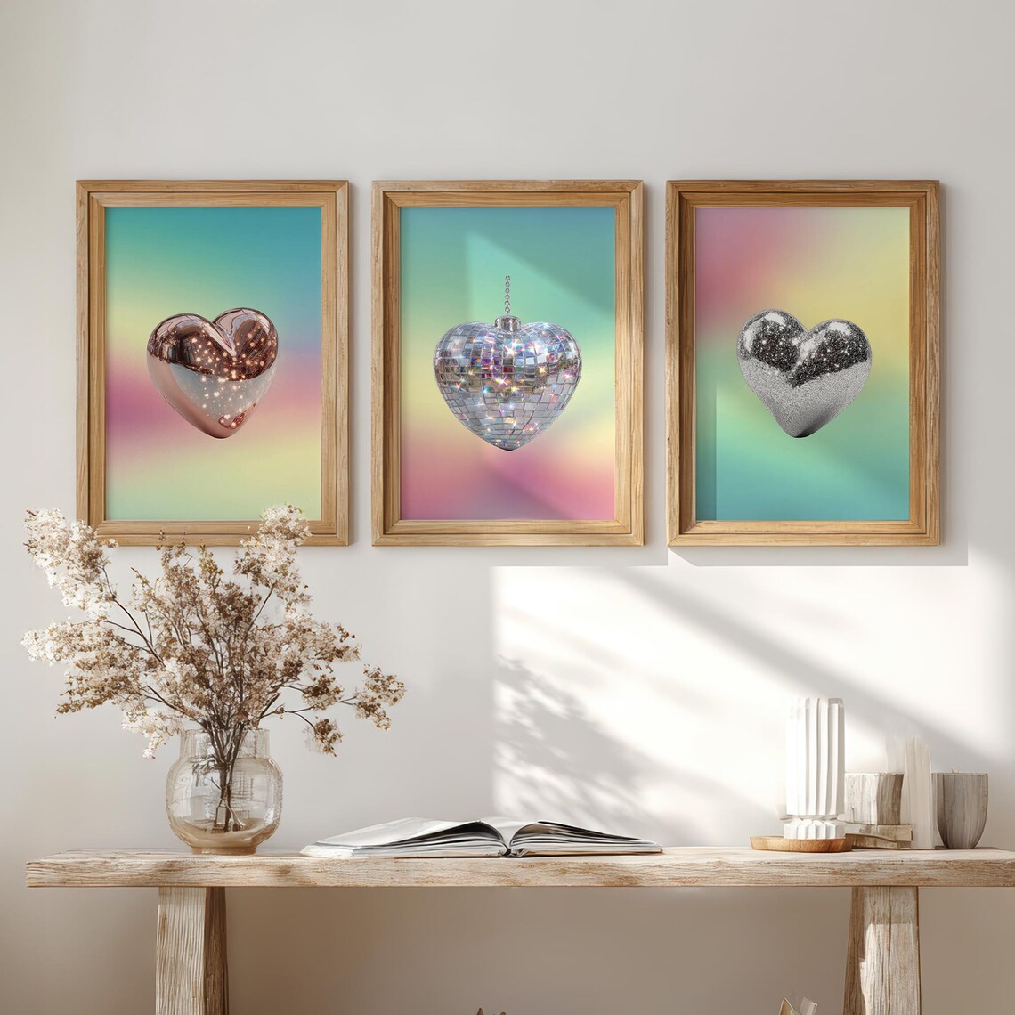 Disco Heart Set of 3 Rose Gold Disco Ball Glitter Retro Art Poster