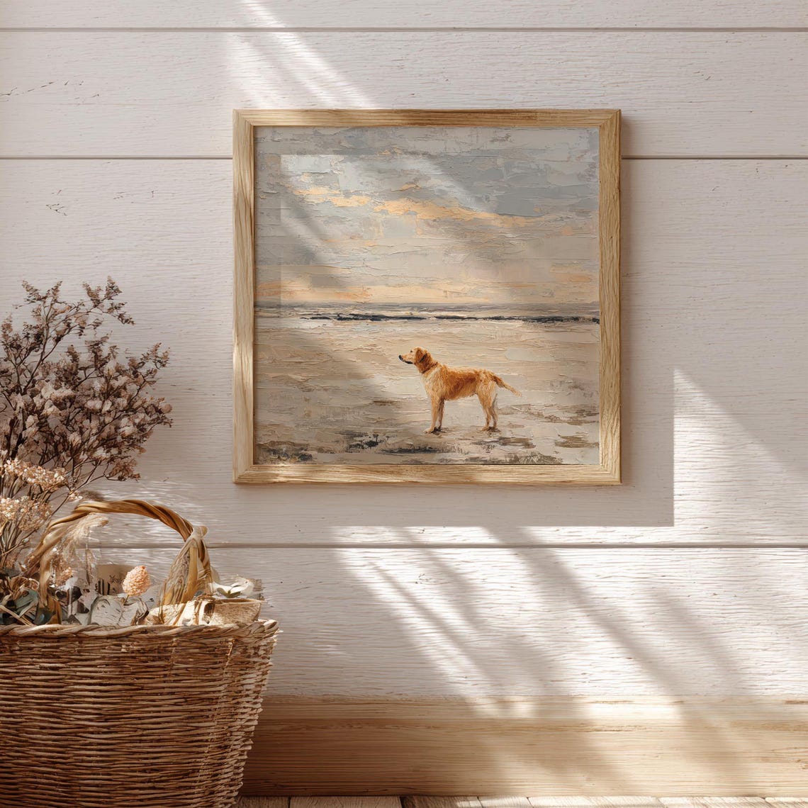 Golden Retriever on Beach at Sunset Coastal Painting Art Print