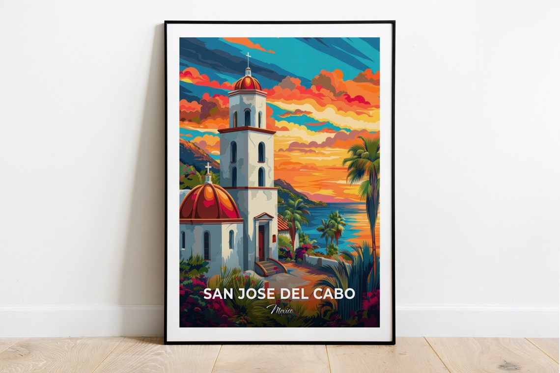 San Jose Del Cabo Mexico Church Sunset Coast Palms Vibrant Sky Poster