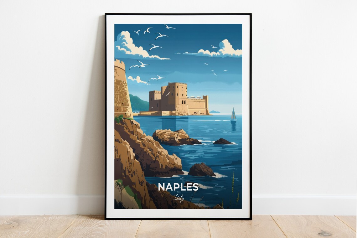 Naples Italy Castel dell Ovo Seaside Fortress Vintage Poster