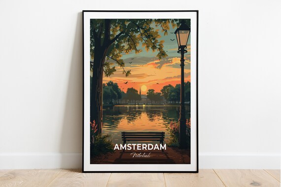 Amsterdam Vondelpark Pond Sunset Bench Lamppost Travel Scene Poster