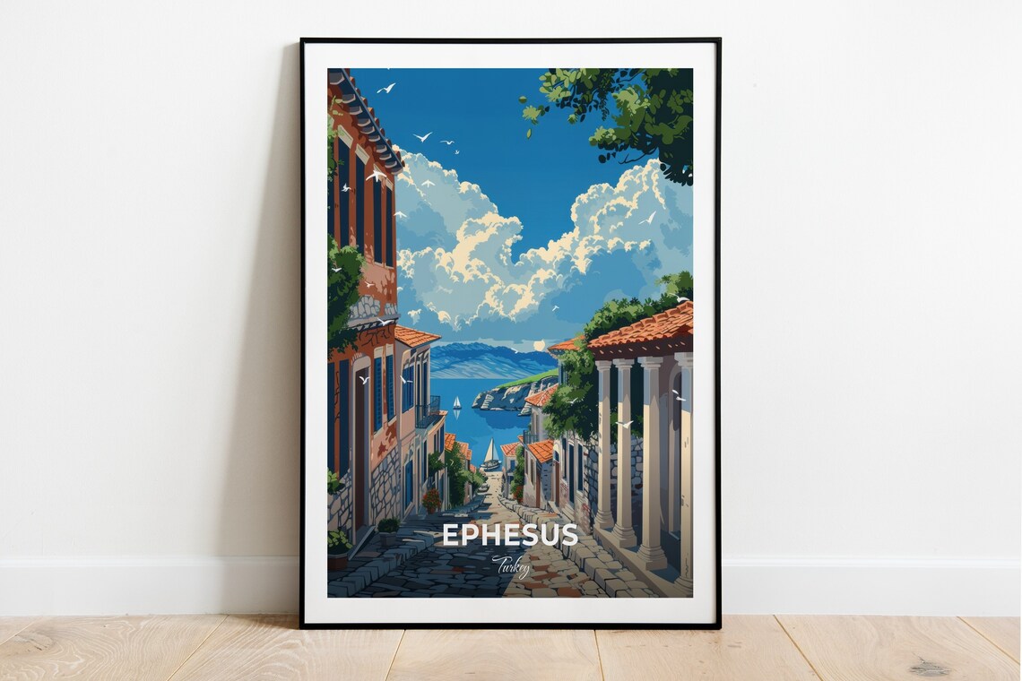 Ephesus Turkey Harbor Street Sailboats Sea View Old Town Travel Poster