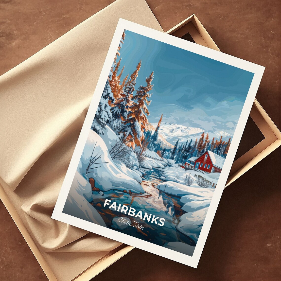 Fairbanks Winter Cabin Snowy Stream Alaska United States Travel Poster - Image 3