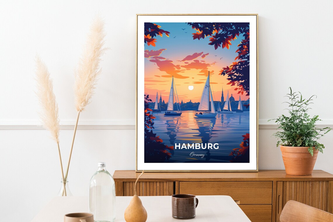 Hamburg Alster Lake Sailboats Sunset Skyline View Travel Poster - Image 2