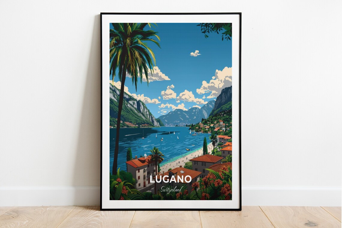 Lugano Switzerland Lakefront Palms Villages Alpine Lake Travel Poster
