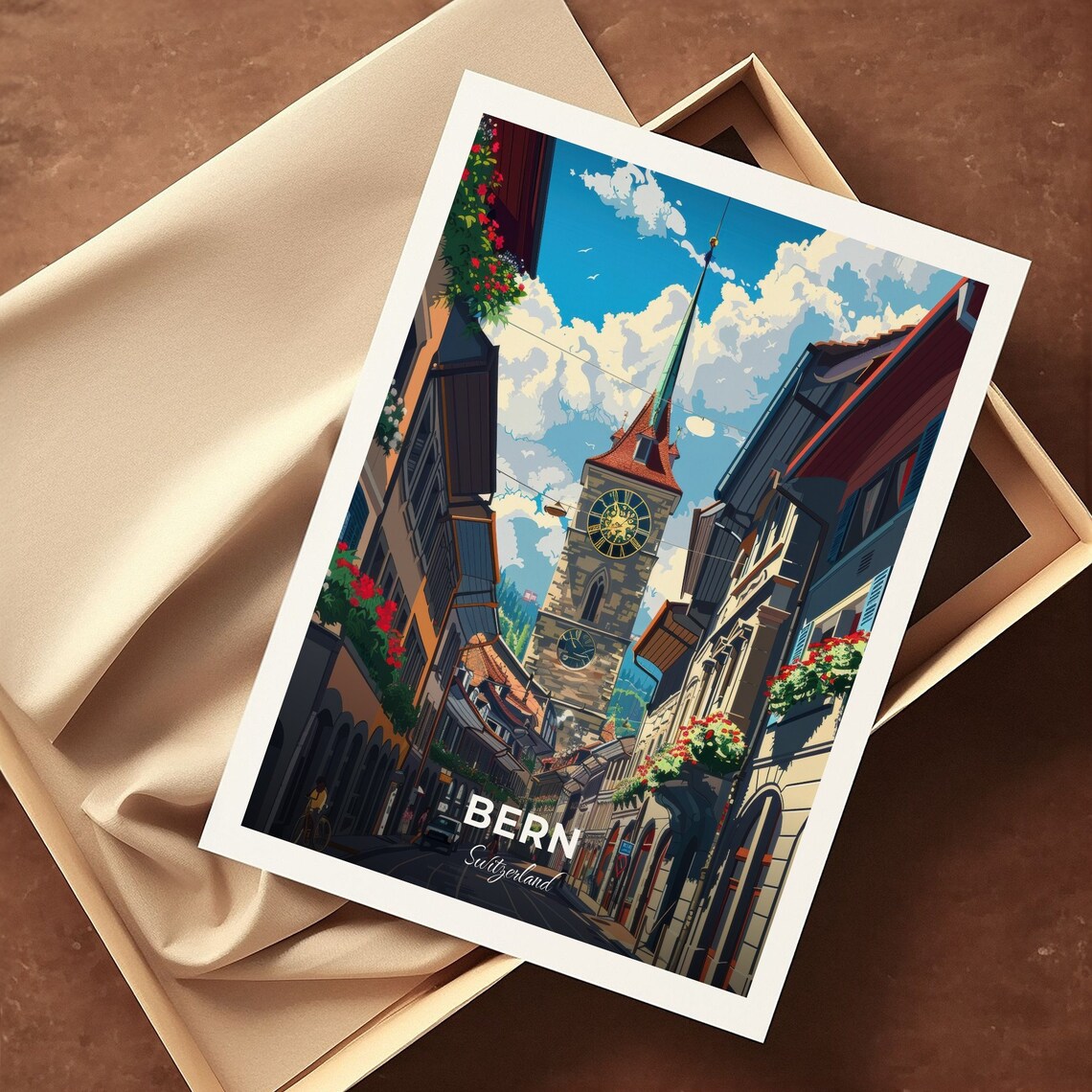 Bern Switzerland Old Town Clock Tower Flower Balconies Travel Poster - Image 3