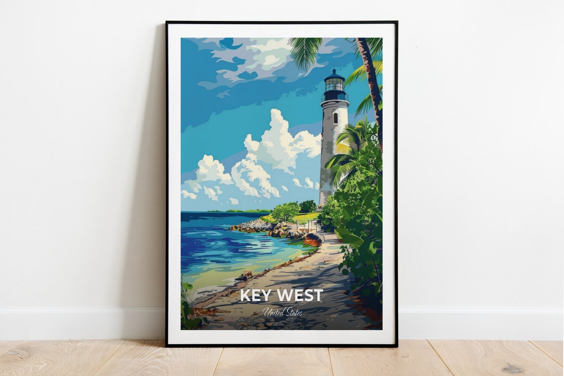 Key West Lighthouse Beach Tropical Shoreline Scene Travel Poster