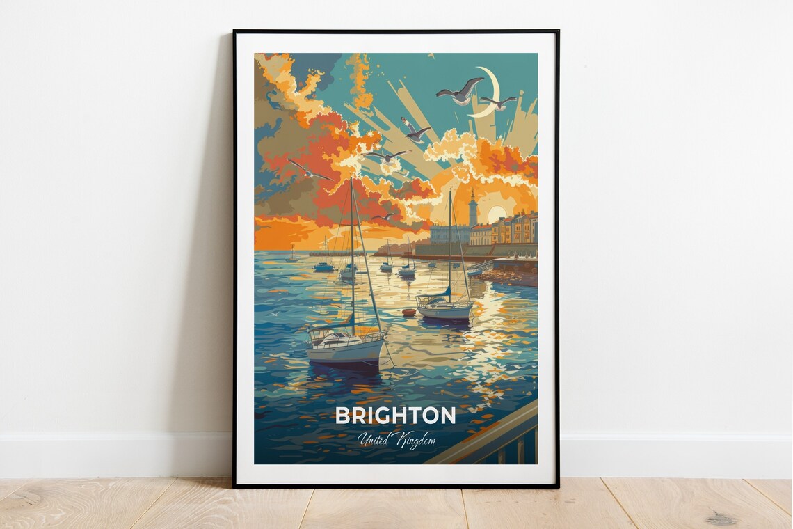 Brighton United Kingdom Marina Sunset Sailboats Gulls Golden Water Poster