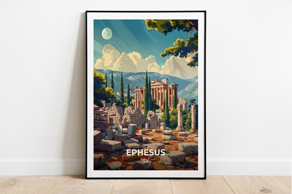 Ephesus Turkey Moonlit Ancient Column Ruins Vintage Travel Poster