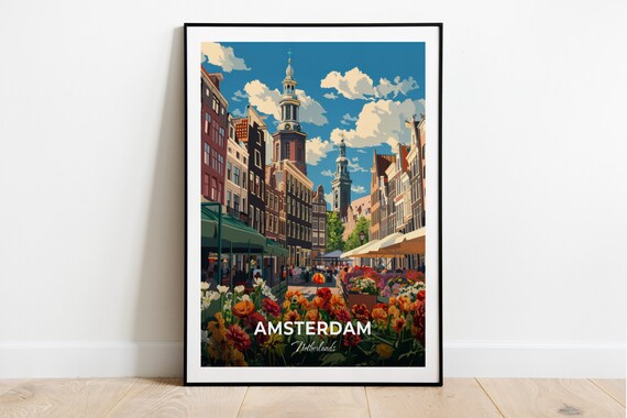 Amsterdam Netherlands Flower Market Canal Houses Travel Poster