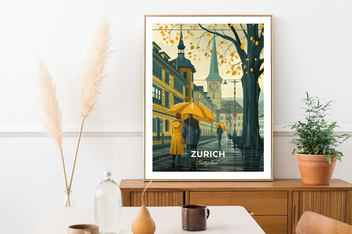 Zurich Switzerland Rainy Old Town Street Umbrellas Couple Art Poster - Image 2