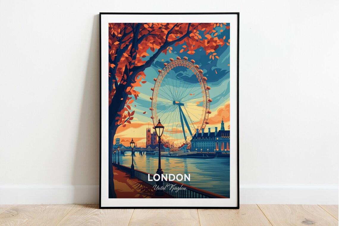 London Eye Sunset Autumn Riverside Cityscape Travel Art Poster