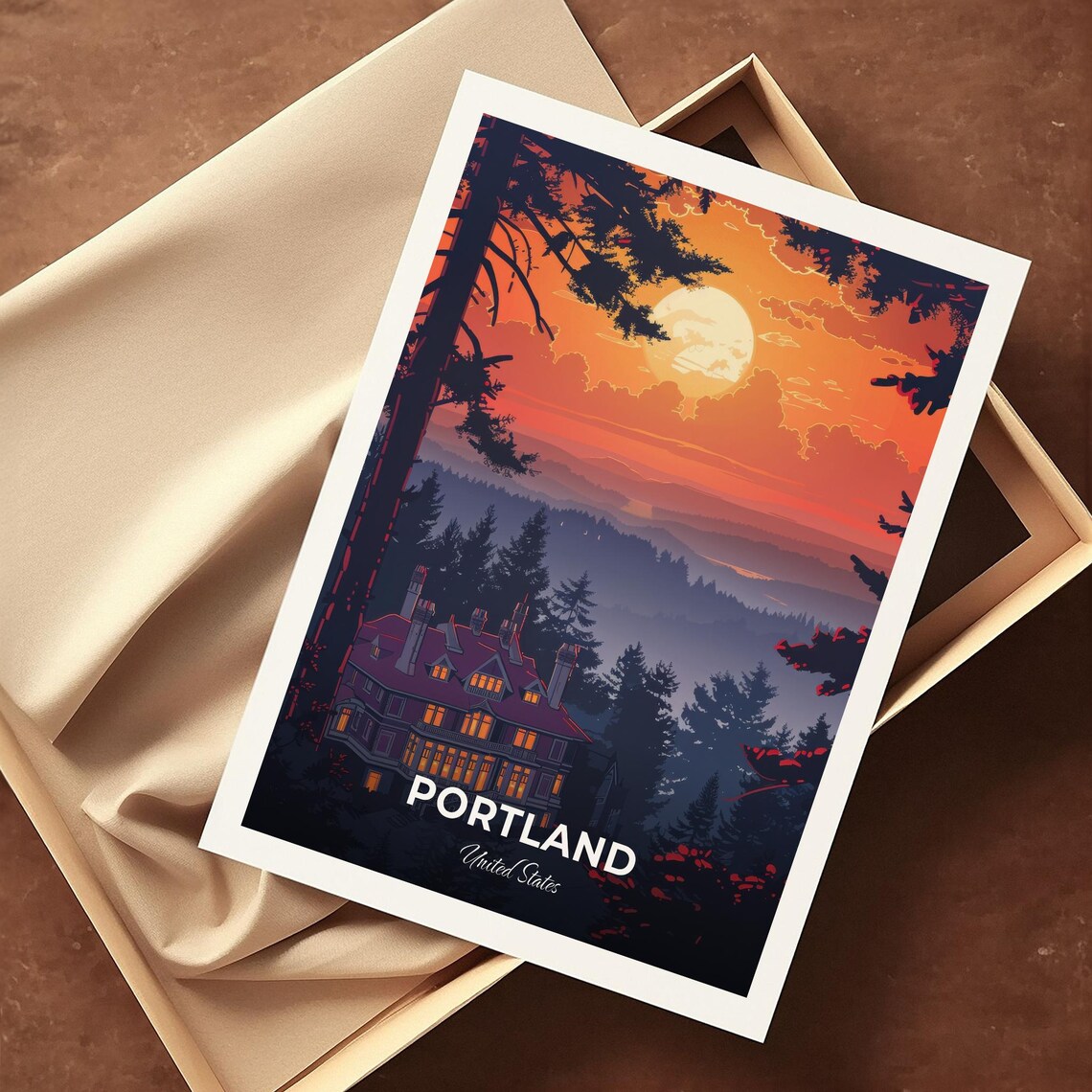 Portland Pittock Mansion Sunset Hilltop Modern Travel Poster - Image 4