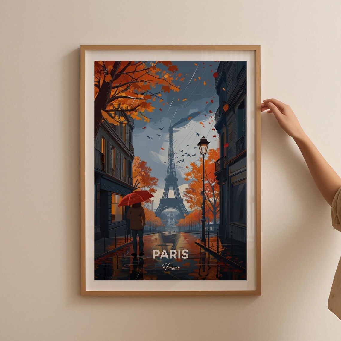 Paris France Eiffel Tower Autumn Rain Street Scene Travel Poster - Image 2