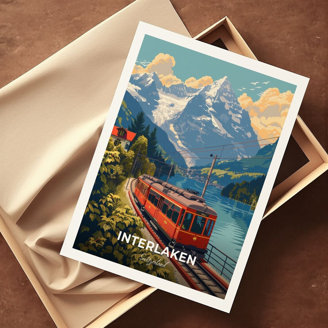 Interlaken Schynige Platte Red Cog Train Lakeside View Travel Poster - Image 3