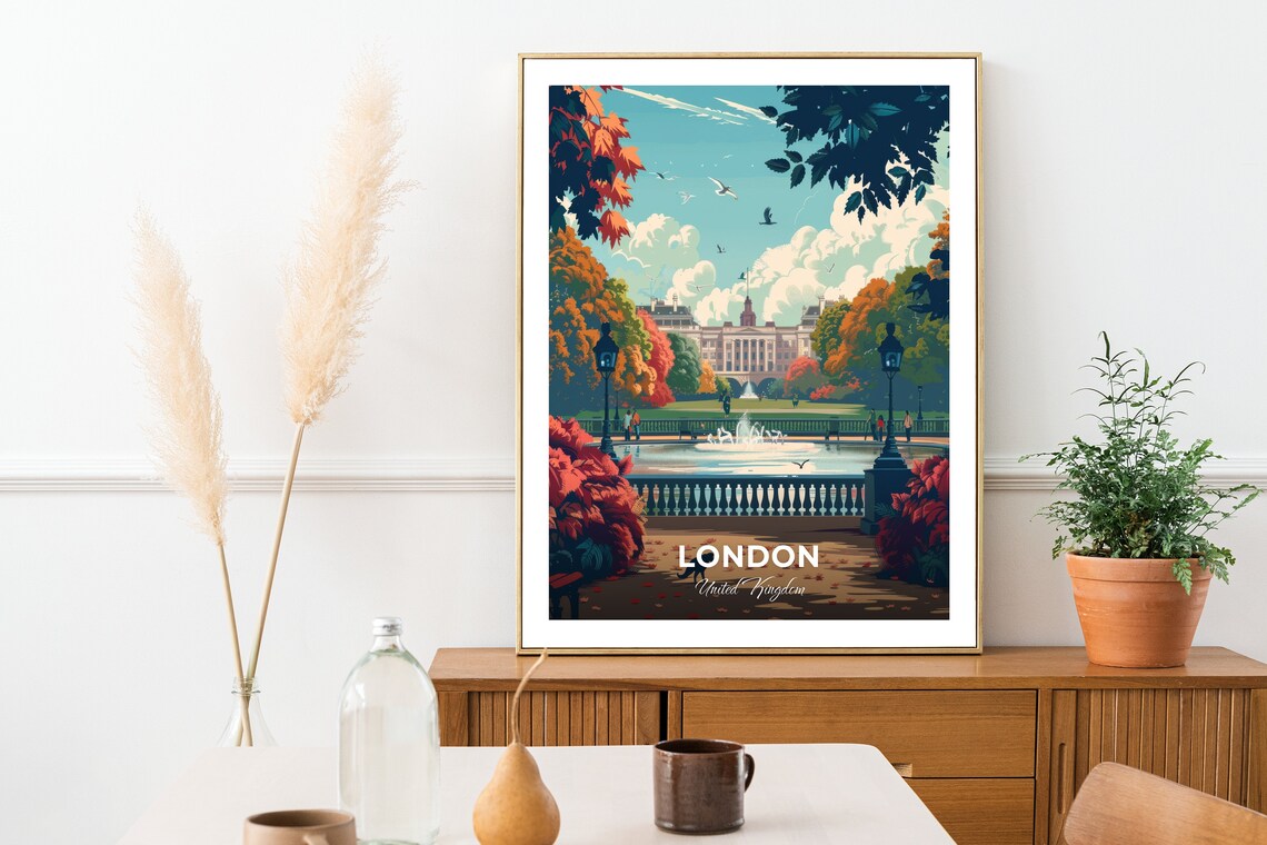 London Hyde Park Autumn Lake Gardens Fountain Scene Travel Poster - Image 2