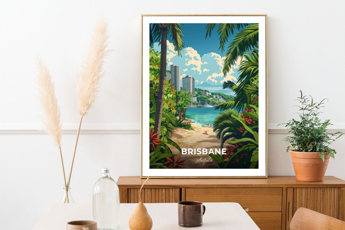 Brisbane Australia Tropical Beach Path With City Skyline Travel Poster - Image 3
