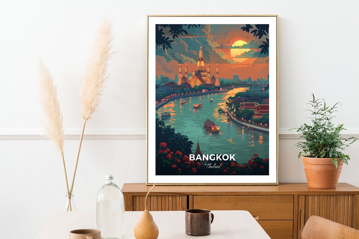 Bangkok Thailand Chao Phraya River Sunset Boats Travel Illustration Poster - Image 2