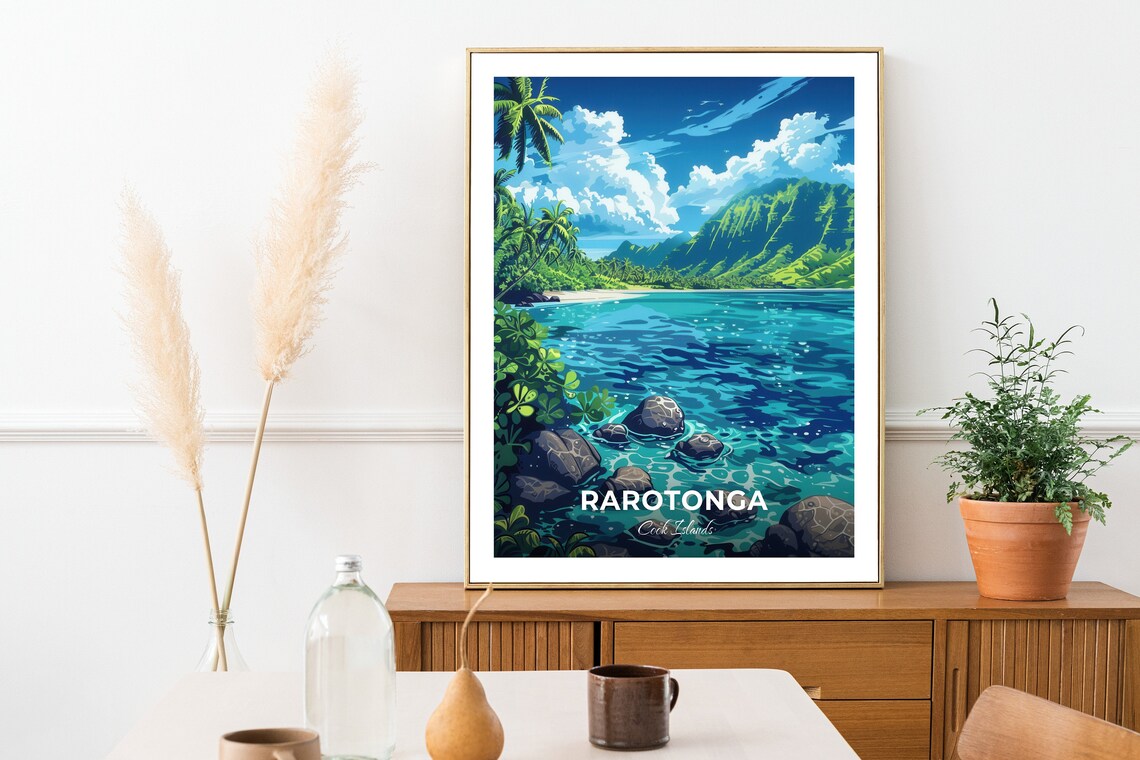 Rarotonga Cook Islands Turquoise Lagoon and Palms Travel Poster - Image 3