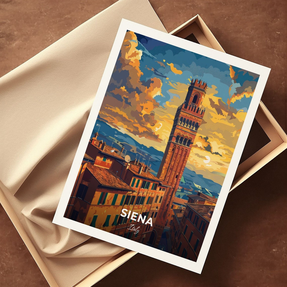 Siena Italy Medieval Brick Tower Sunset Rooftop Travel Poster - Image 3