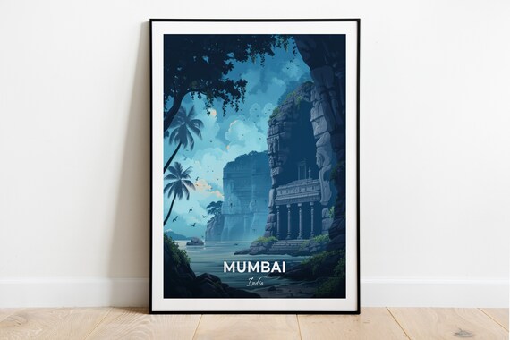 Mumbai Elephanta Caves Rock Temple Dusk Shore Island Art Poster