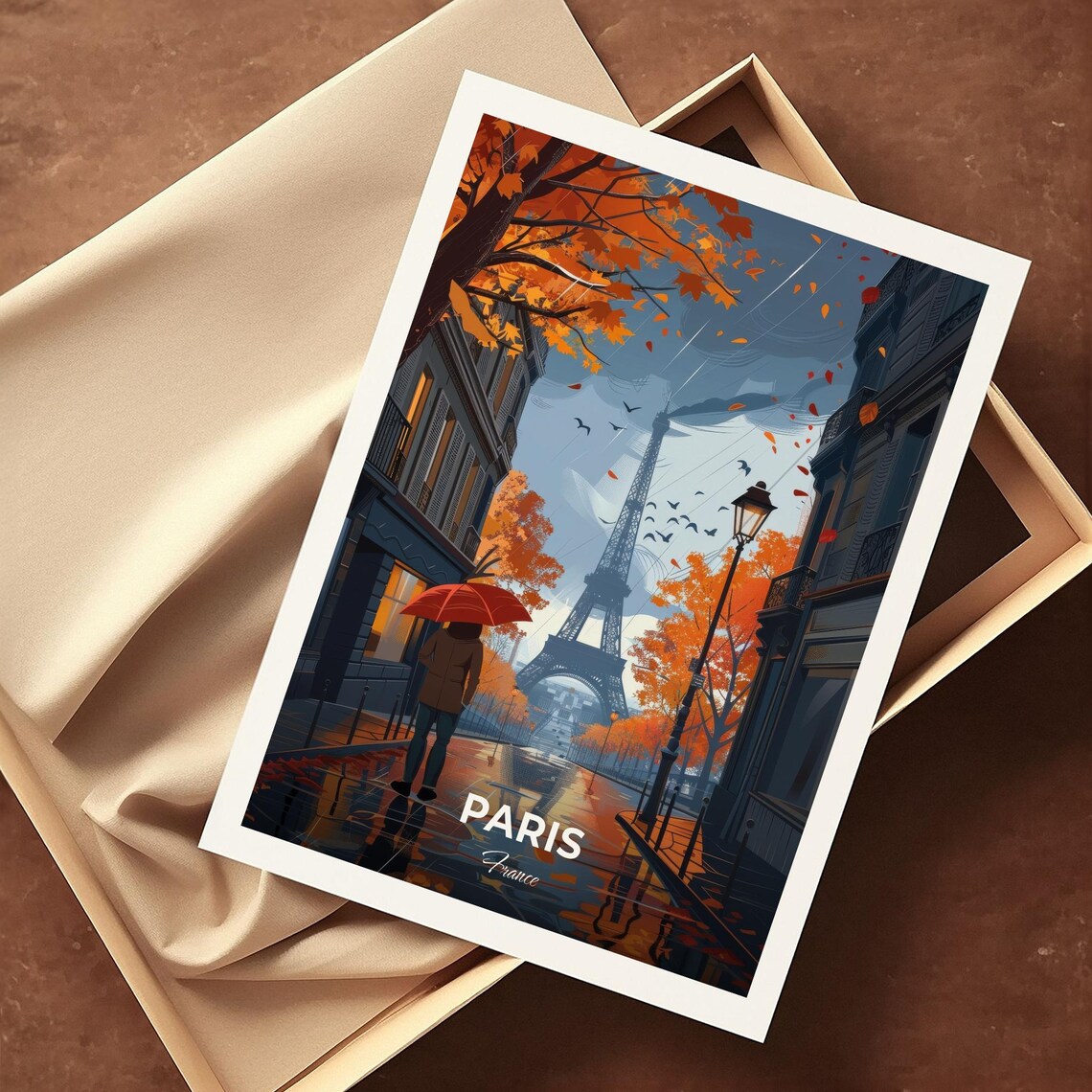 Paris France Eiffel Tower Autumn Rain Street Scene Travel Poster - Image 4