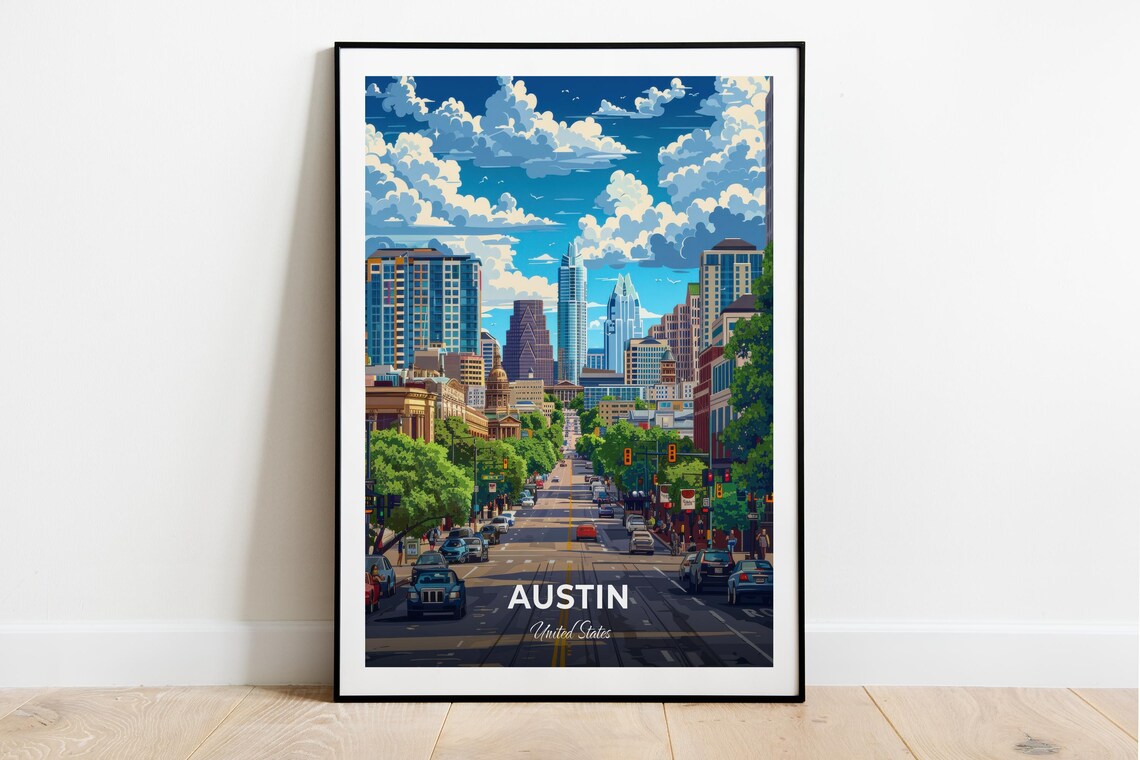 Austin Texas South Congress Avenue Skyline Vintage Travel Poster
