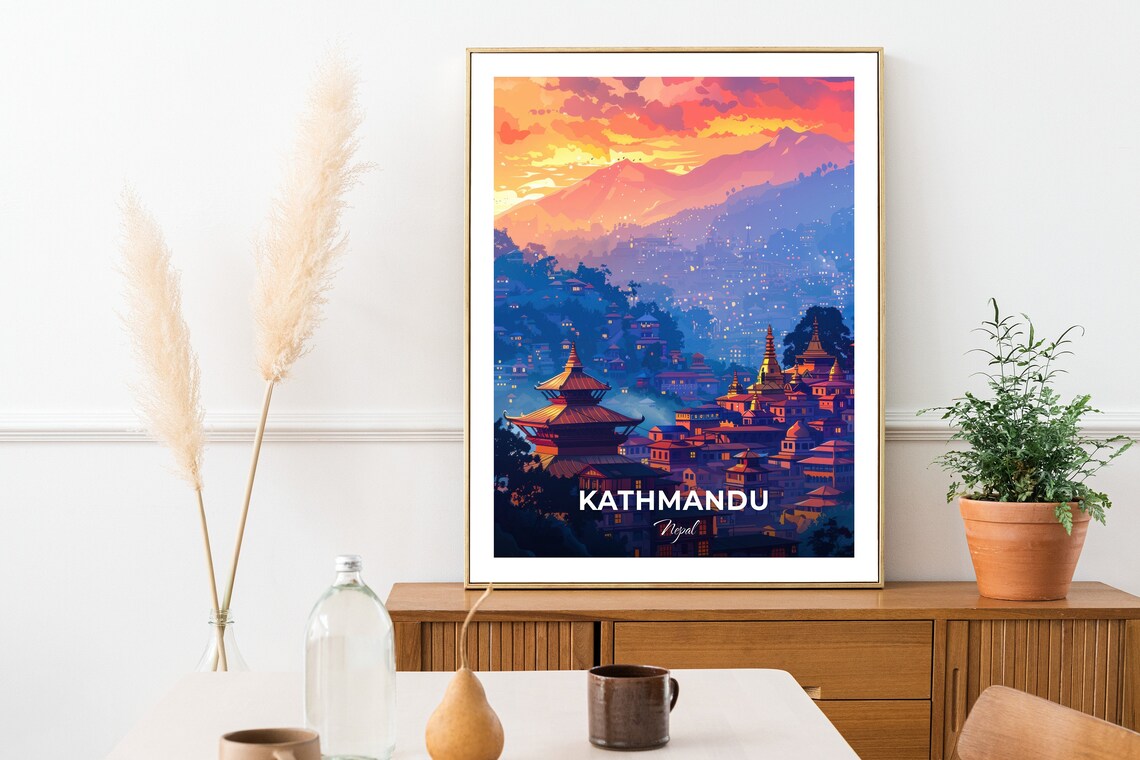 Kathmandu Nepal Pagoda Temples Dusk Golden Mountain Travel Poster - Image 2