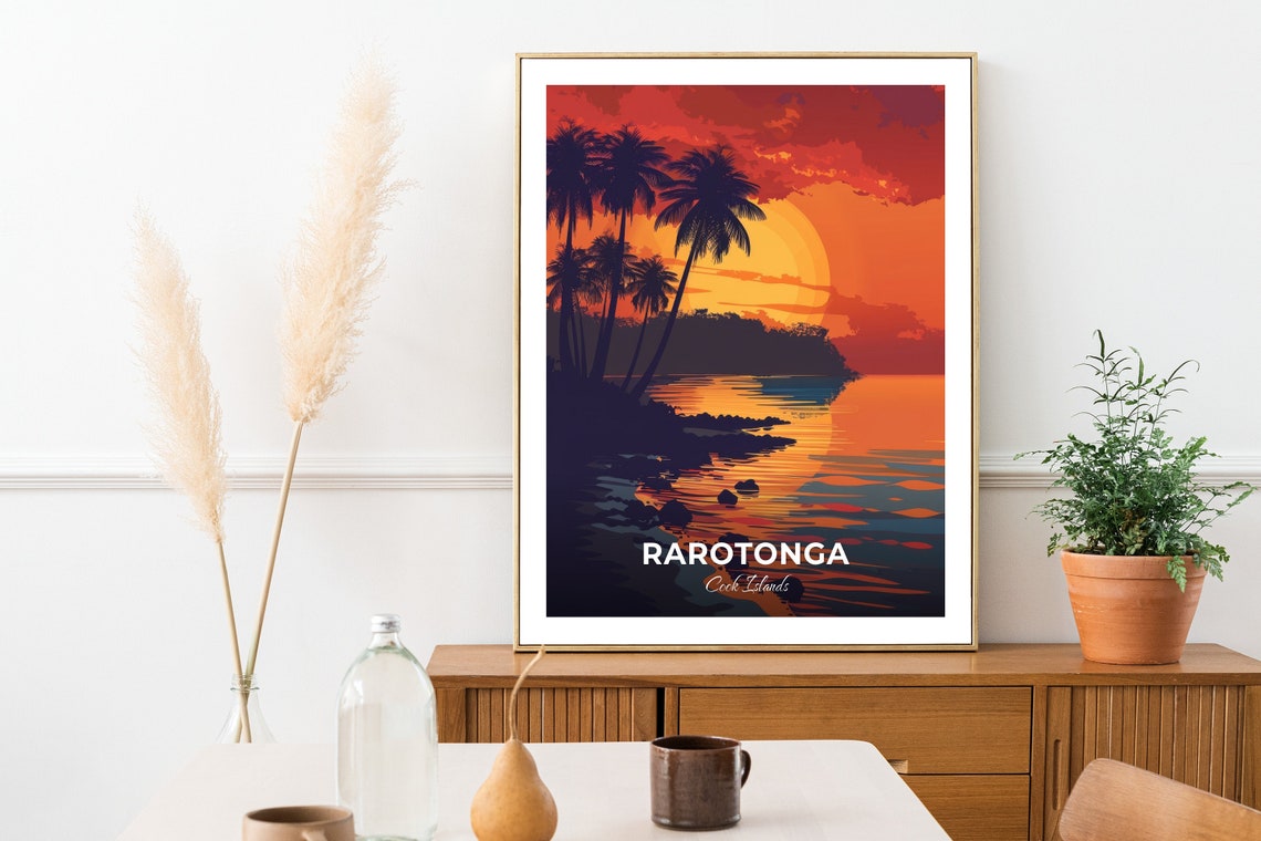 Rarotonga Cook Islands Palm Silhouette Sunset Glow Travel Poster - Image 3