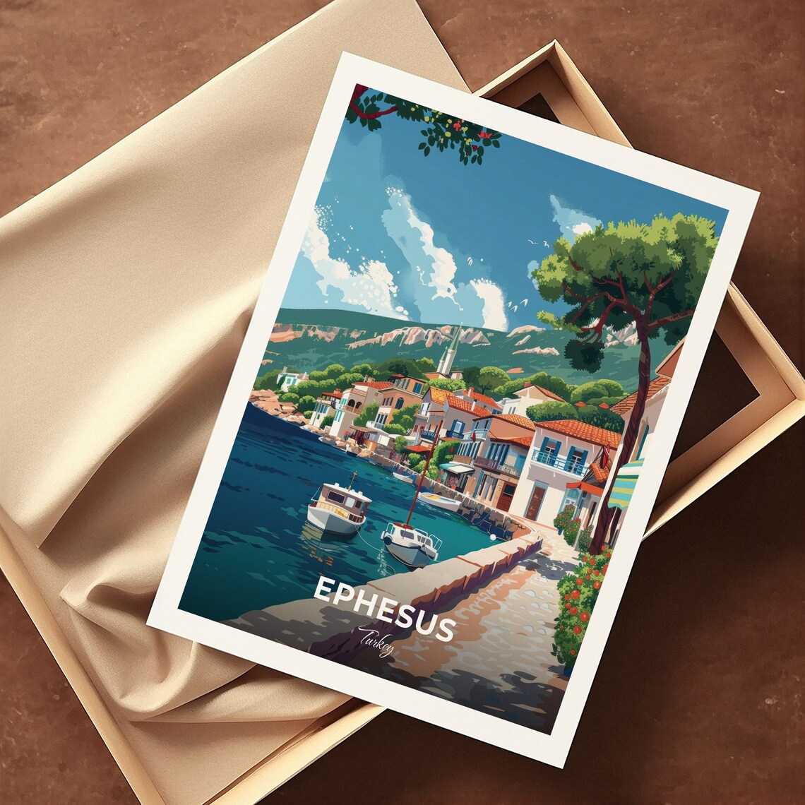 Ephesus Turkey Sunny Coastal Harbor Village Boats Vintage Travel Poster - Image 3