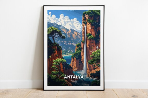 Antalya Turkey Duden Waterfall Cliffs Travel Poster Ocean Cascade Art