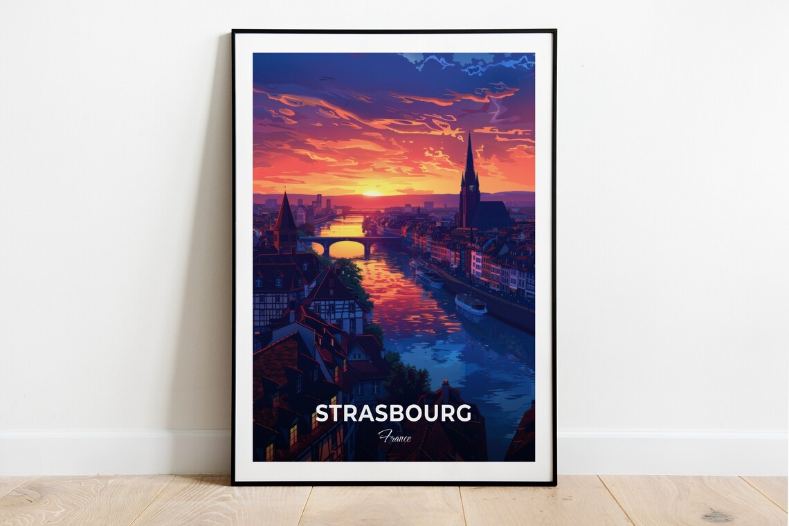 Strasbourg France Rhine River Cathedral Sunset Cityscape Travel Poster