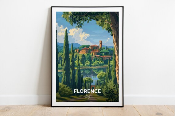 Florence Italy Boboli Gardens Cypress Lake Vintage Travel Poster