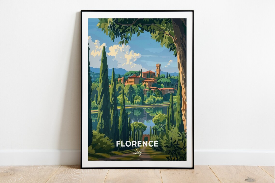 Florence Italy Boboli Gardens Cypress Lake Vintage Travel Poster