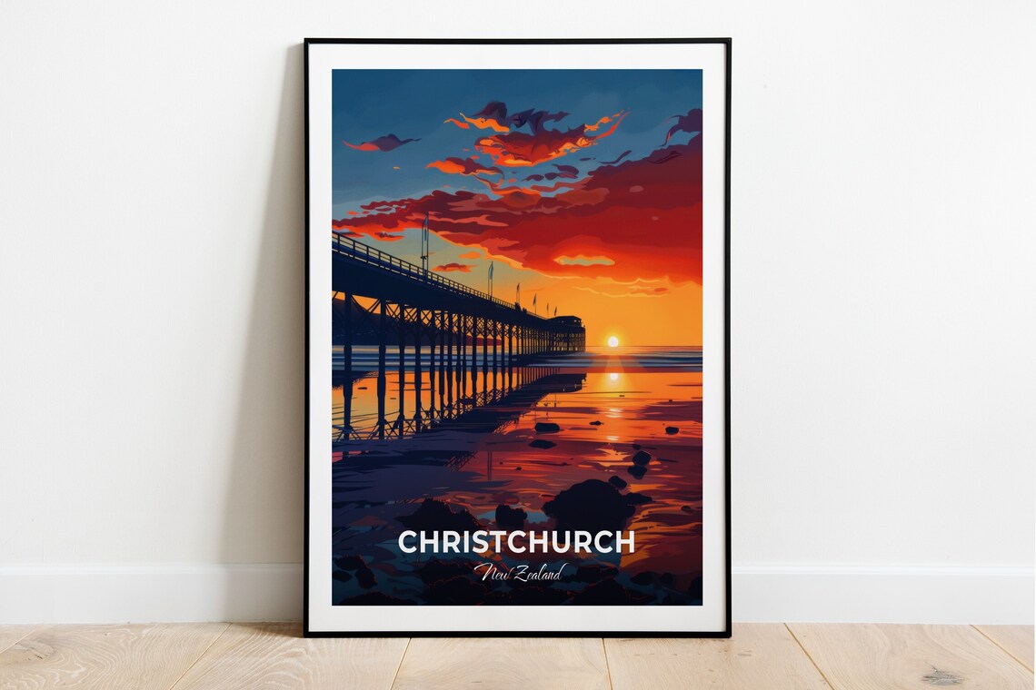 Christchurch New Zealand Sunset Pier Over Golden Tidal Flats Poster