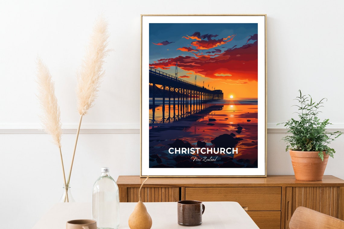 Christchurch New Zealand Sunset Pier Over Golden Tidal Flats Poster - Image 3